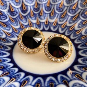 Vintage Rivoli Black Jet w/ Diamond Rhinestone Halo Gold Earrings Pierced